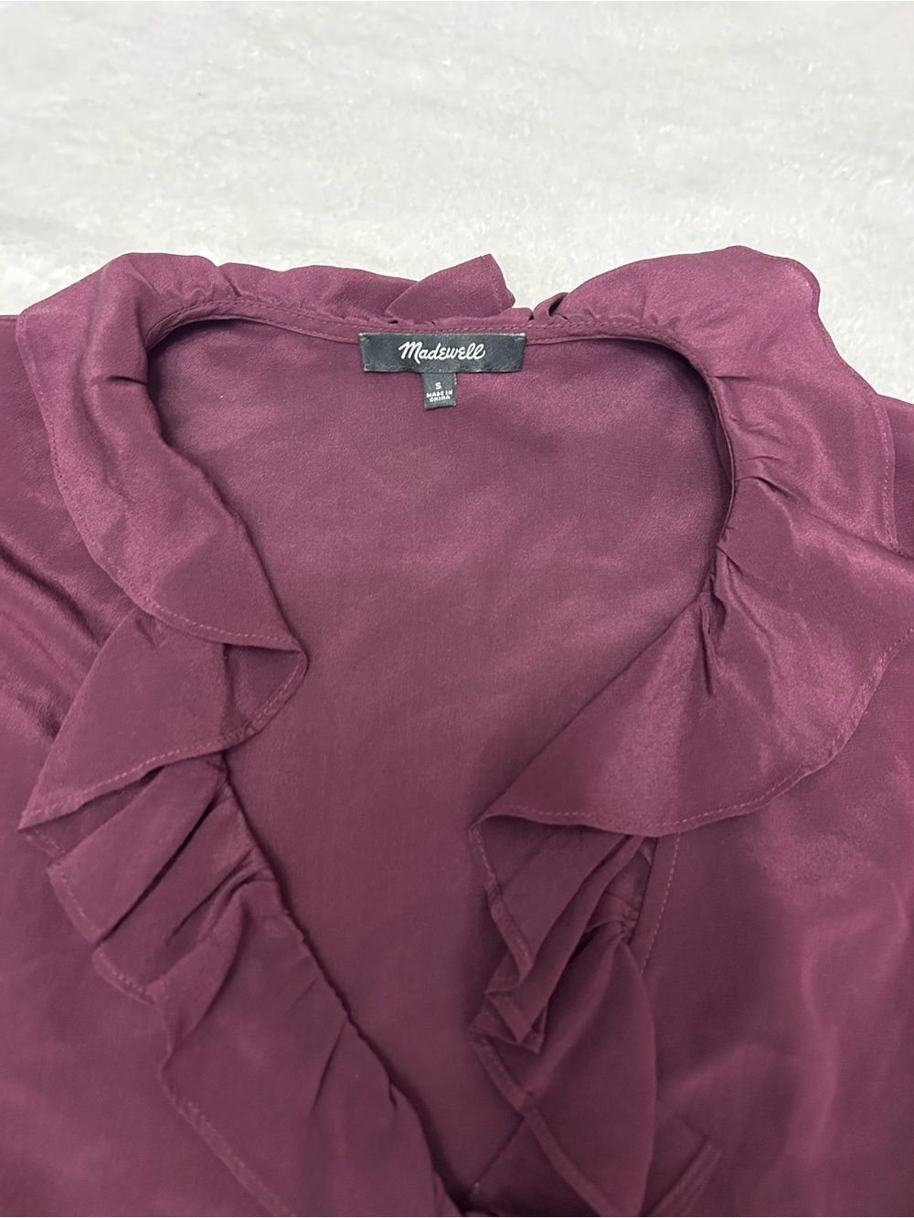 Madewell 100% Silk Women’s Small Dark Plum Ruffle Wrap Peplum Long Sleeve Top - Picture 7 of 12